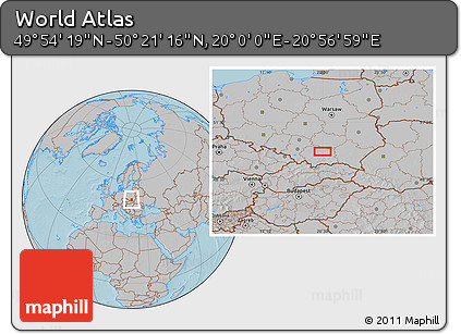 Gray Location Map of the Area around 50° 7' 47" N, 20° 28' 30" E, hill shading