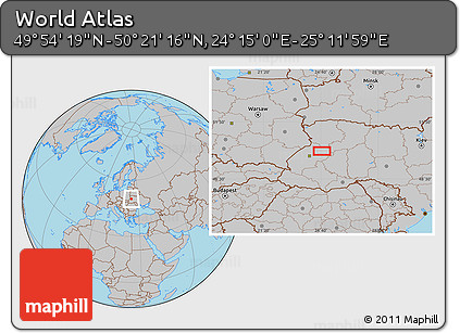 Gray Location Map of the Area around 50° 7' 47" N, 24° 43' 30" E