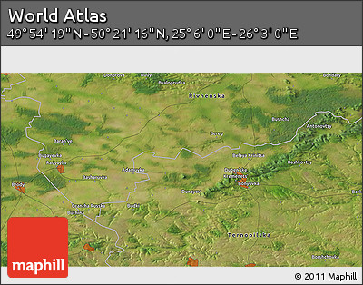 Satellite 3D Map of the Area around 50° 7' 47" N, 25° 34' 30" E