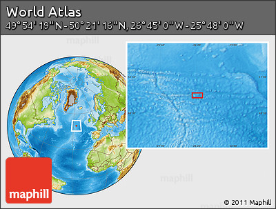 Physical Location Map of the Area around 50° 7' 47" N, 26° 16' 29" W