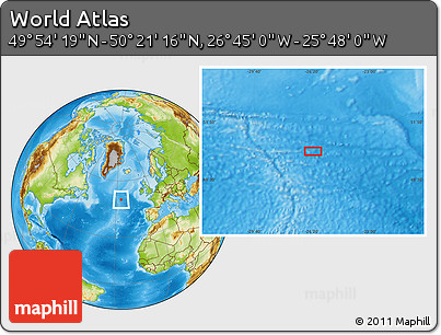 Physical Location Map of the Area around 50° 7' 47" N, 26° 16' 29" W