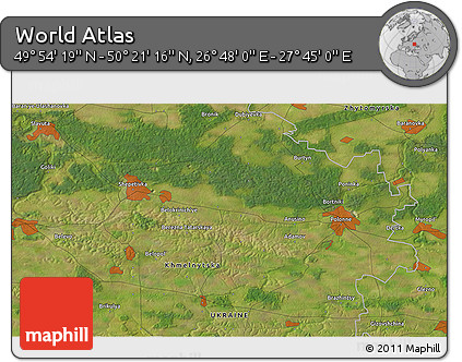 Satellite 3D Map of the Area around 50° 7' 47" N, 27° 16' 29" E