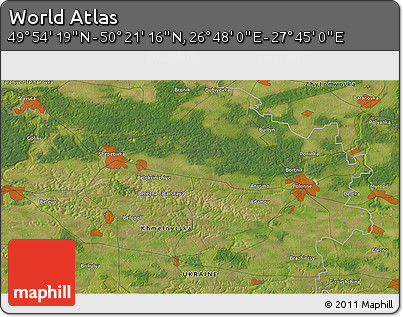 Satellite 3D Map of the Area around 50° 7' 47" N, 27° 16' 29" E
