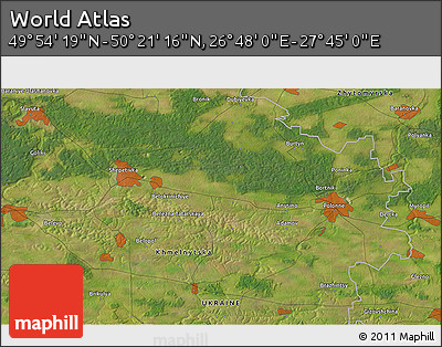 Satellite 3D Map of the Area around 50° 7' 47" N, 27° 16' 29" E