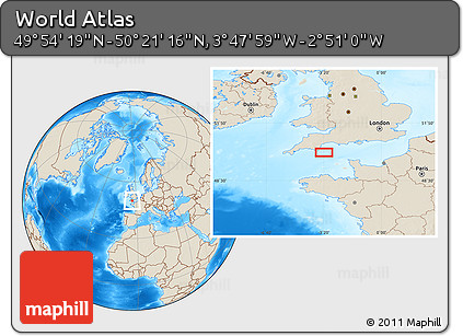Shaded Relief Location Map of the Area around 50° 7' 47" N, 3° 19' 30" W
