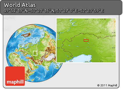 Physical Location Map of the Area around 50° 7' 47" N, 51° 55' 29" E