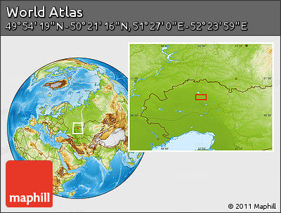 Physical Location Map of the Area around 50° 7' 47" N, 51° 55' 29" E