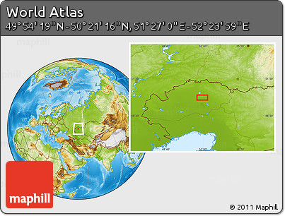 Physical Location Map of the Area around 50° 7' 47" N, 51° 55' 29" E