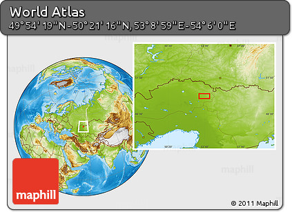 Physical Location Map of the Area around 50° 7' 47" N, 53° 37' 30" E