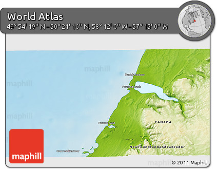 Physical 3D Map of the Area around 50° 7' 47" N, 57° 43' 30" W