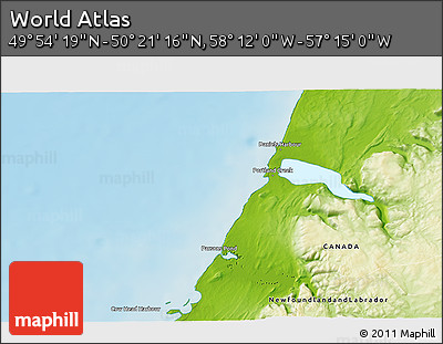 Physical 3D Map of the Area around 50° 7' 47" N, 57° 43' 30" W