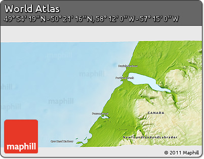 Physical 3D Map of the Area around 50° 7' 47" N, 57° 43' 30" W
