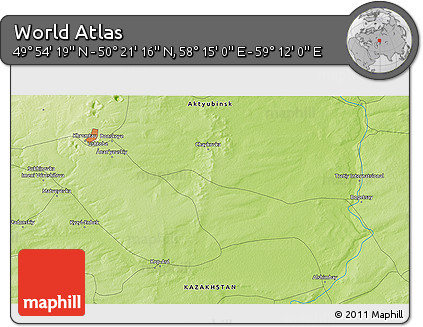 Physical 3D Map of the Area around 50° 7' 47" N, 58° 43' 30" E