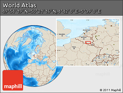 Shaded Relief Location Map of the Area around 50° 7' 47" N, 5° 10' 30" E