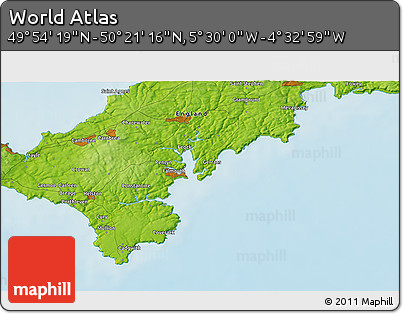 Physical 3D Map of the Area around 50° 7' 47" N, 5° 1' 30" W