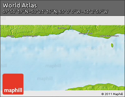 Physical 3D Map of the Area around 50° 7' 47" N, 64° 31' 30" W