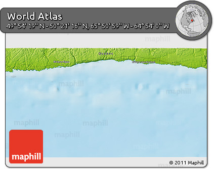 Physical 3D Map of the Area around 50° 7' 47" N, 65° 22' 30" W