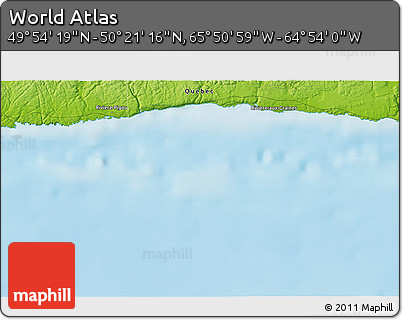 Physical 3D Map of the Area around 50° 7' 47" N, 65° 22' 30" W