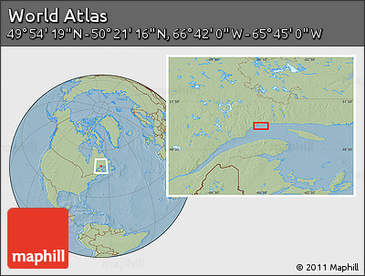 Savanna Style Location Map of the Area around 50° 7' 47" N, 66° 13' 29" W, hill shading