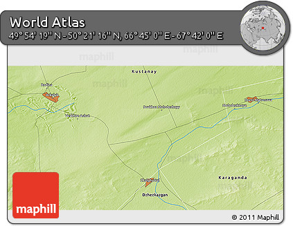 Physical 3D Map of the Area around 50° 7' 47" N, 67° 13' 29" E