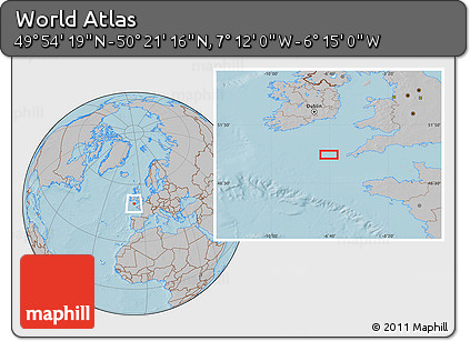 Gray Location Map of the Area around 50° 7' 47" N, 6° 43' 29" W, hill shading