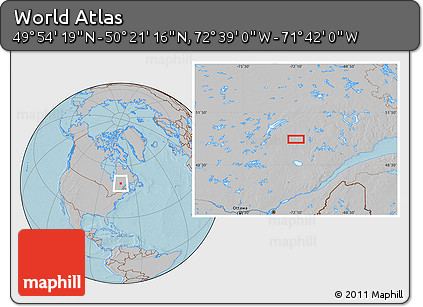 Gray Location Map of the Area around 50° 7' 47" N, 72° 10' 30" W, hill shading