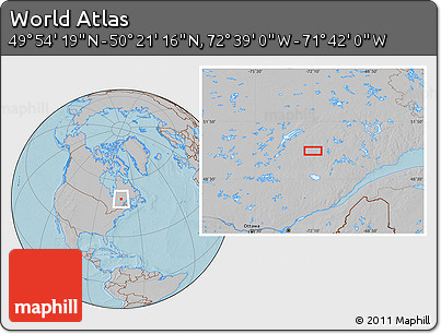 Gray Location Map of the Area around 50° 7' 47" N, 72° 10' 30" W, hill shading