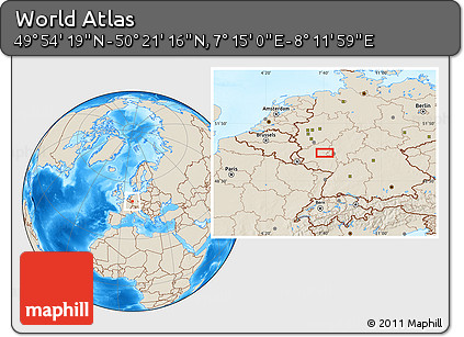 Shaded Relief Location Map of the Area around 50° 7' 47" N, 7° 43' 29" E