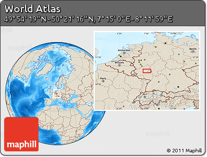 Shaded Relief Location Map of the Area around 50° 7' 47" N, 7° 43' 29" E