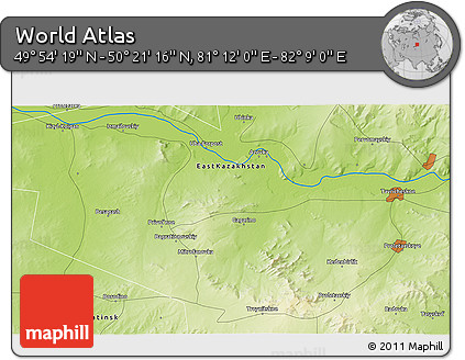 Physical 3D Map of the Area around 50° 7' 47" N, 81° 40' 30" E