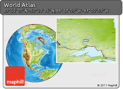 Physical Location Map of the Area around 50° 7' 47" N, 88° 19' 29" W