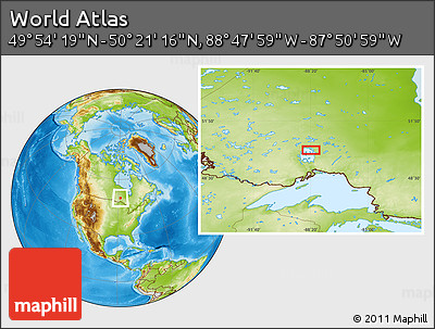 Physical Location Map of the Area around 50° 7' 47" N, 88° 19' 29" W