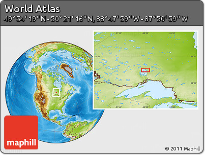 Physical Location Map of the Area around 50° 7' 47" N, 88° 19' 29" W