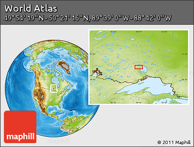 Physical Location Map of the Area around 50° 7' 47" N, 89° 10' 30" W