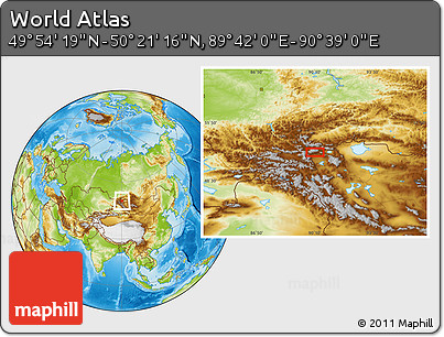 Physical Location Map of the Area around 50° 7' 47" N, 90° 10' 30" E