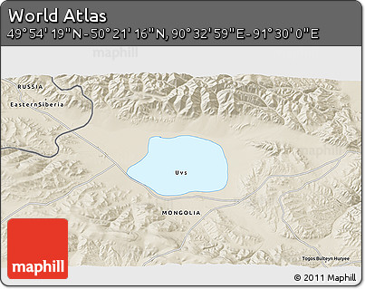 Shaded Relief 3D Map of the Area around 50° 7' 47" N, 91° 1' 30" E