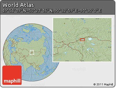 Savanna Style Location Map of the Area around 50° 7' 47" N, 91° 1' 30" E, hill shading