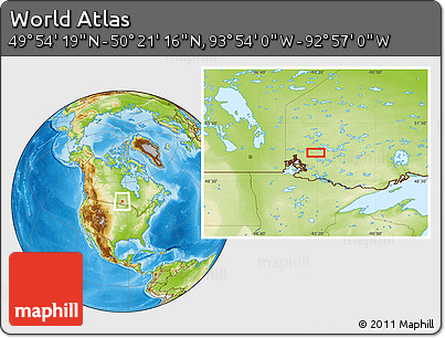Physical Location Map of the Area around 50° 7' 47" N, 93° 25' 30" W