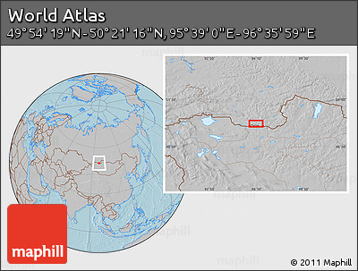 Gray Location Map of the Area around 50° 7' 47" N, 96° 7' 30" E, hill shading