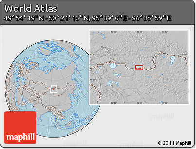 Gray Location Map of the Area around 50° 7' 47" N, 96° 7' 30" E, hill shading