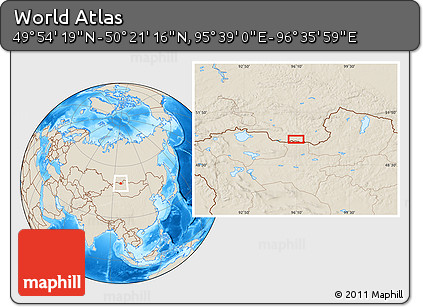 Shaded Relief Location Map of the Area around 50° 7' 47" N, 96° 7' 30" E