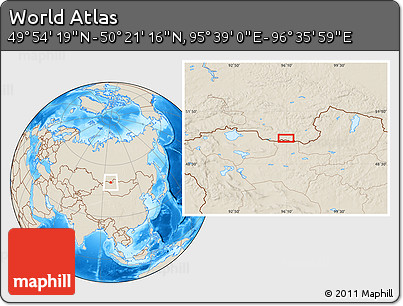 Shaded Relief Location Map of the Area around 50° 7' 47" N, 96° 7' 30" E
