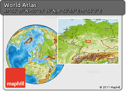 Physical Location Map of the Area around 50° 7' 47" N, 9° 25' 30" E