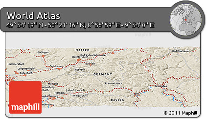 Shaded Relief Panoramic Map of the Area around 50° 7' 47" N, 9° 25' 30" E