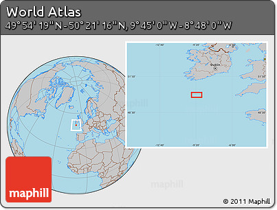 Gray Location Map of the Area around 50° 7' 47" N, 9° 16' 30" W