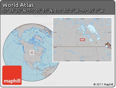 Gray Location Map of the Area around 50° 31' 50" N, 100° 13' 29" W, hill shading