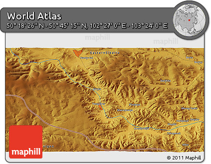 Physical 3D Map of the Area around 50° 31' 50" N, 102° 55' 30" E