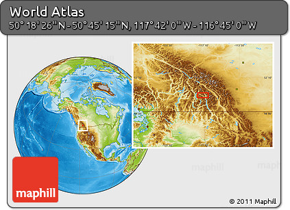 Physical Location Map of the Area around 50° 31' 50" N, 117° 13' 29" W