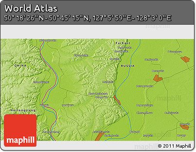 Physical 3D Map of the Area around 50° 31' 50" N, 127° 34' 30" E