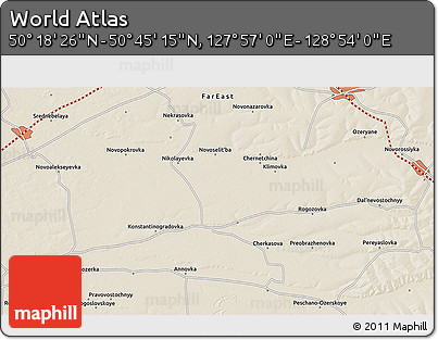 Shaded Relief 3D Map of the Area around 50° 31' 50" N, 128° 25' 30" E